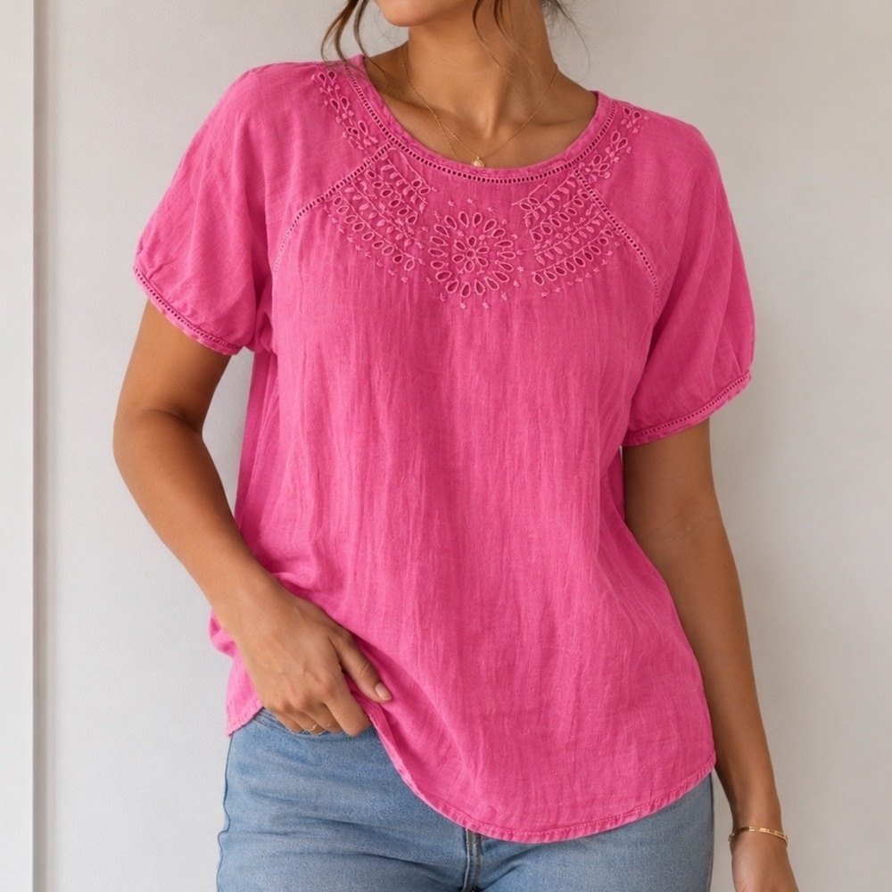 Nine West Vintage‎ America Pink Eyelet Boho Blouse Embroidered Top Small cc